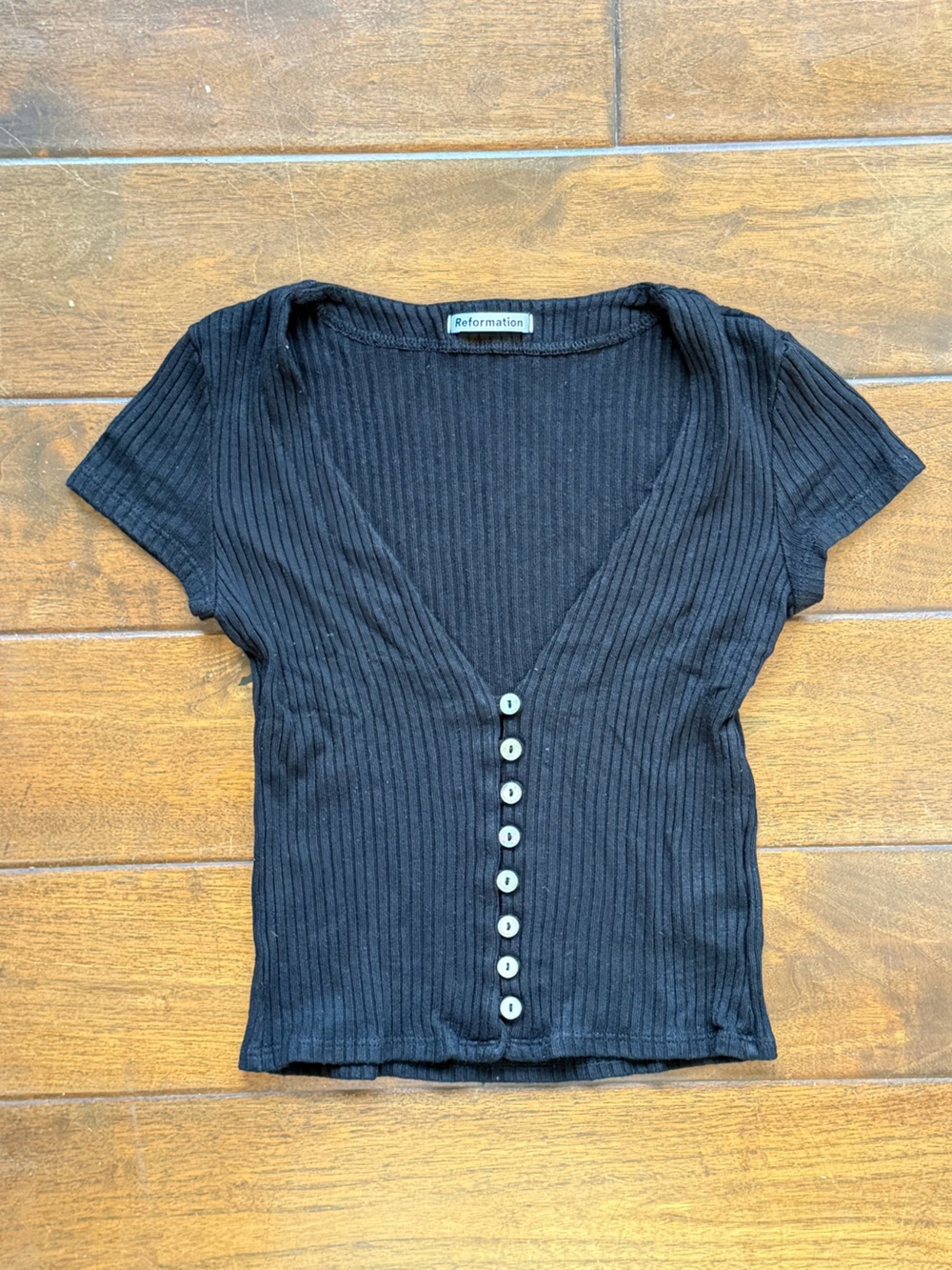 Reformation Black Ribbed Button-Front V-Neck Top